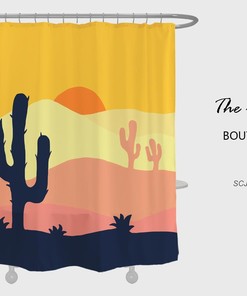Sunset Palm Tree Shower Curtain, Midcentury Modern Minimalist Design, Unique Bathroom Decor 