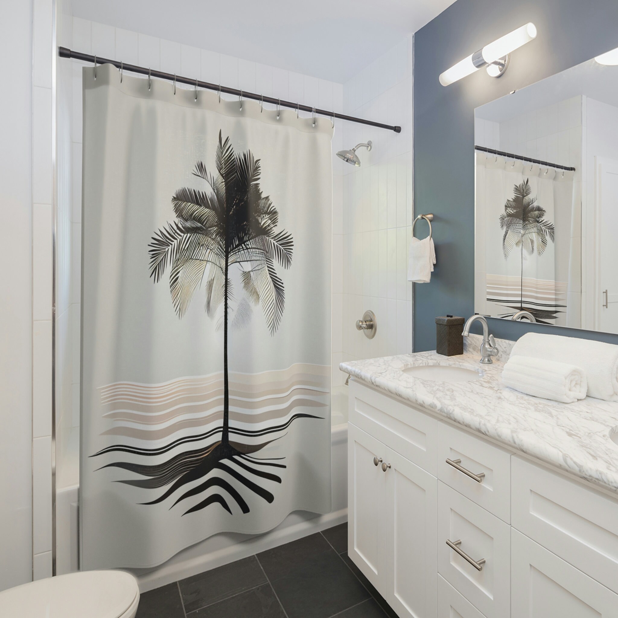 Sunset Palm Tree Shower Curtain, Minimalist Bathroom Decoration, Simple and Elegant Design