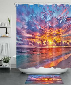 Sunset Scenery Tropical Ocean Beach Shower Curtain, for Bathroom Decor 
