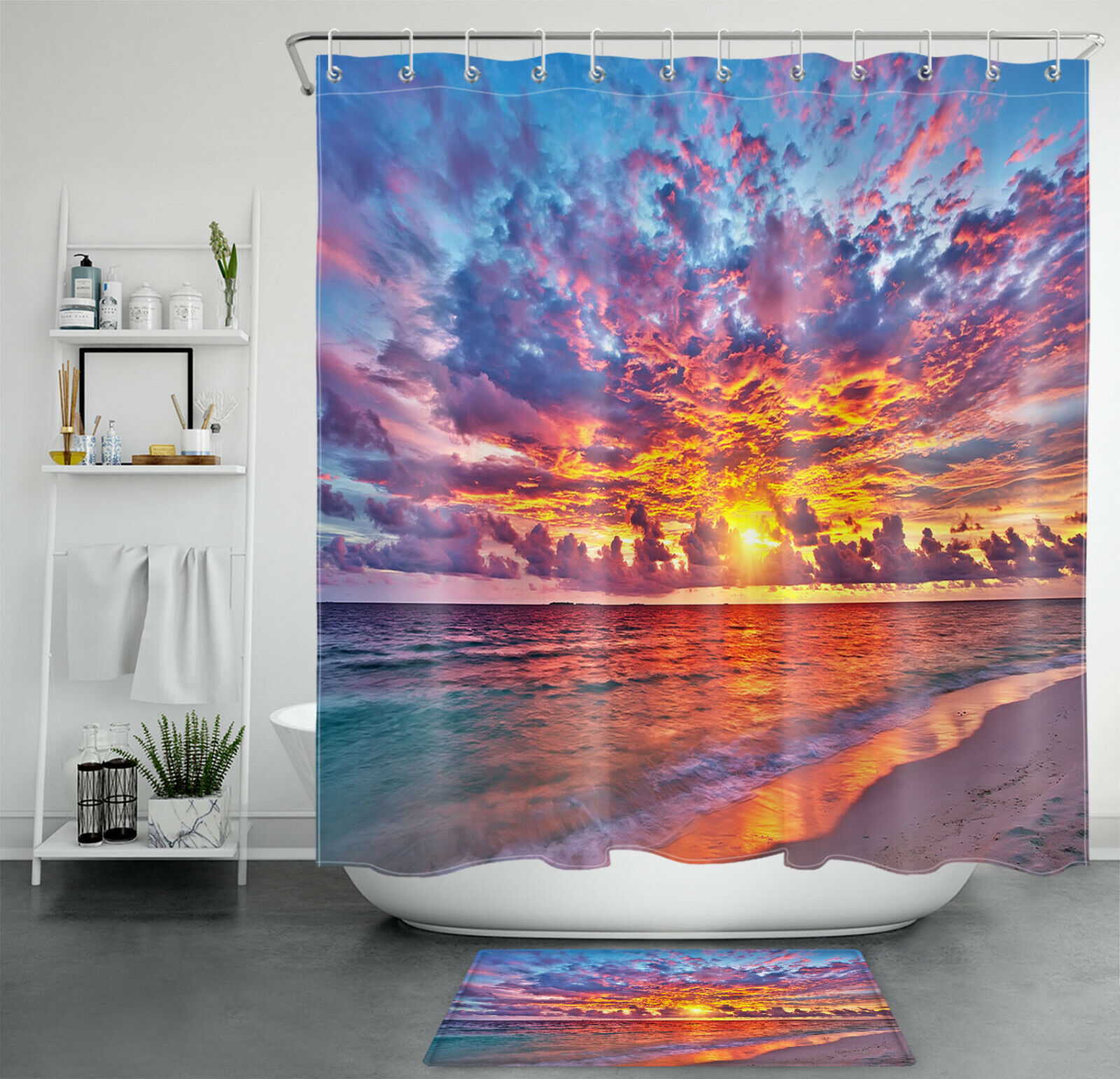 Sunset Scenery Tropical Ocean Beach Shower Curtain, for Bathroom Decor