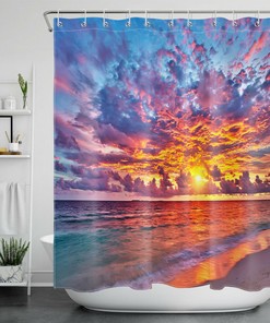 Sunset Scenery Tropical Ocean Beach Shower Curtain, for Bathroom Decor