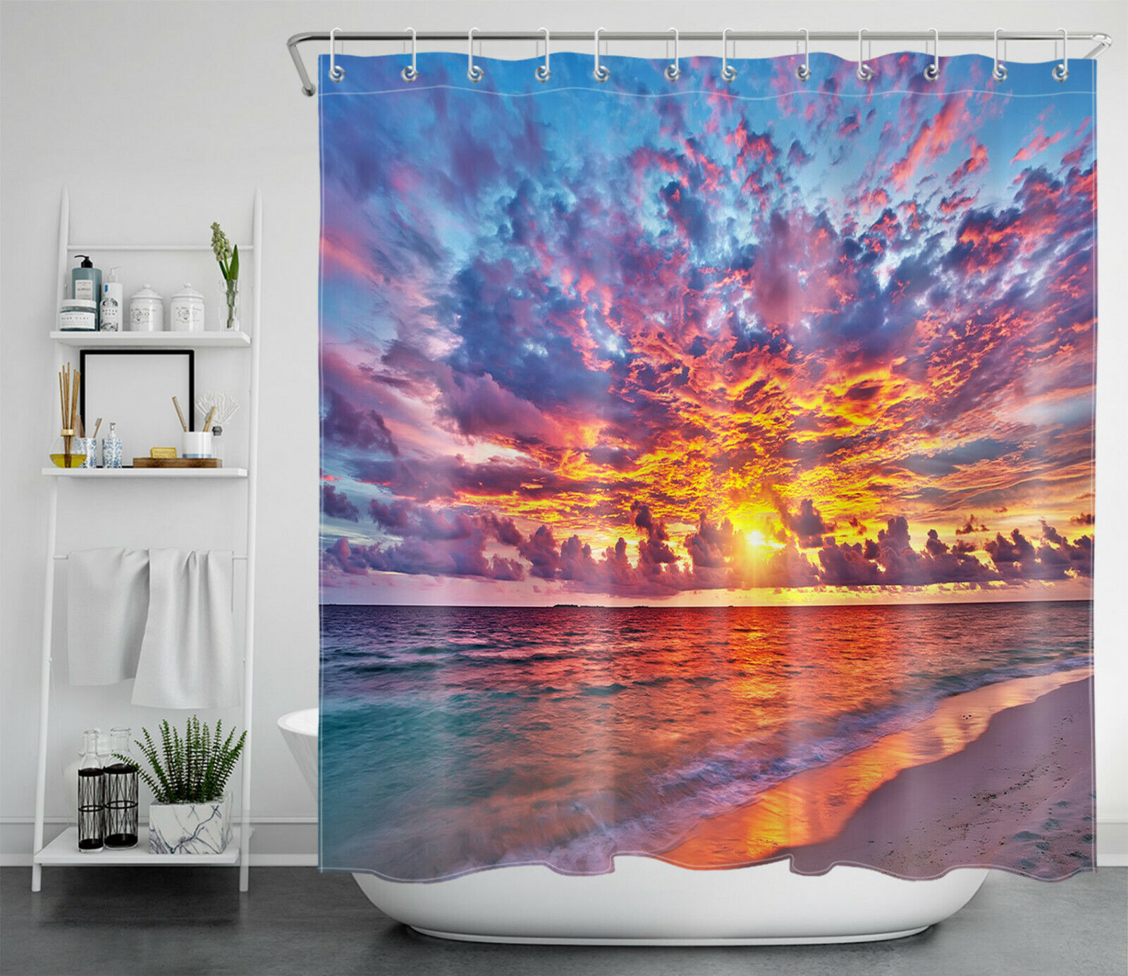 Sunset Scenery Tropical Ocean Beach Shower Curtain, for Bathroom Decor