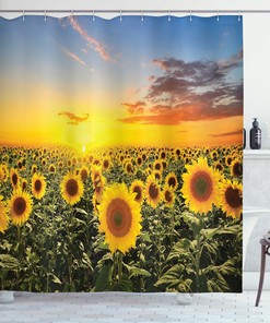 Sunset Sunflower Evening Country Farm Lake House Garden Decor Shower Curtain - Rustic Bathroom Decor