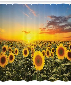 Sunset Sunflower Evening Country Farm Lake House Garden Decor Shower Curtain - Rustic Bathroom Decor