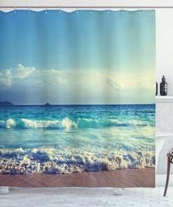 Sunset Waves: Tropical Island Decor Ocean Waves Shower Curtain for a Relaxing Bathroom 