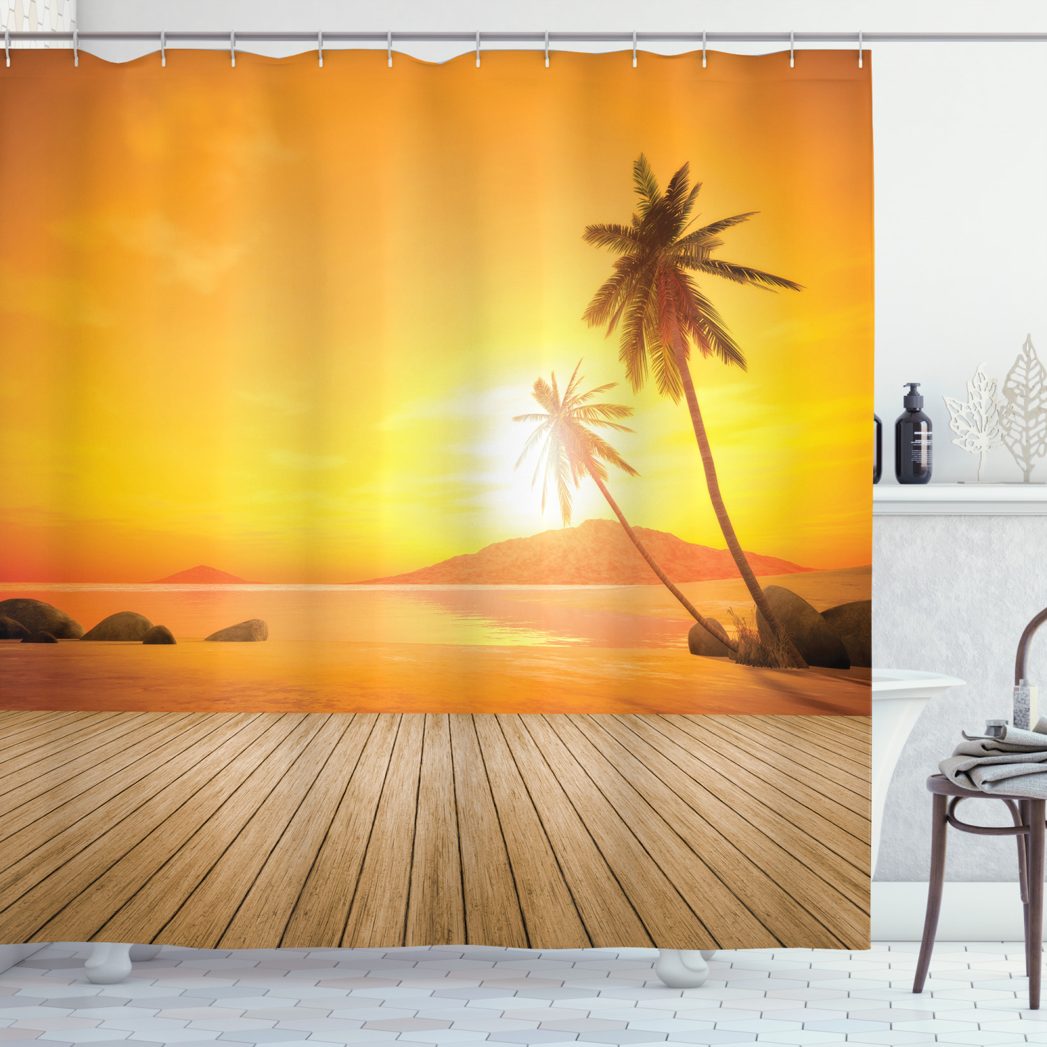 Sunset Woodland Print Shower Curtain For Tropical Bathroom Decor
