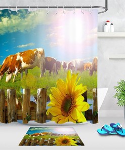 Sunshine Cows and Sunflowers Shower Curtain - Durable and Inviting Bathroom Decor with Vintage Style