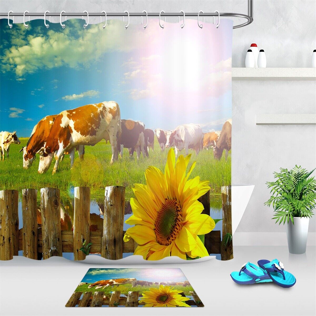Sunshine Cows and Sunflowers Shower Curtain - Durable and Inviting Bathroom Decor with Vintage Style