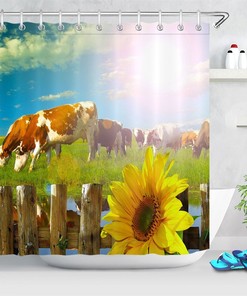Sunshine Cows and Sunflowers Shower Curtain - Durable and Inviting Bathroom Decor with Vintage Style