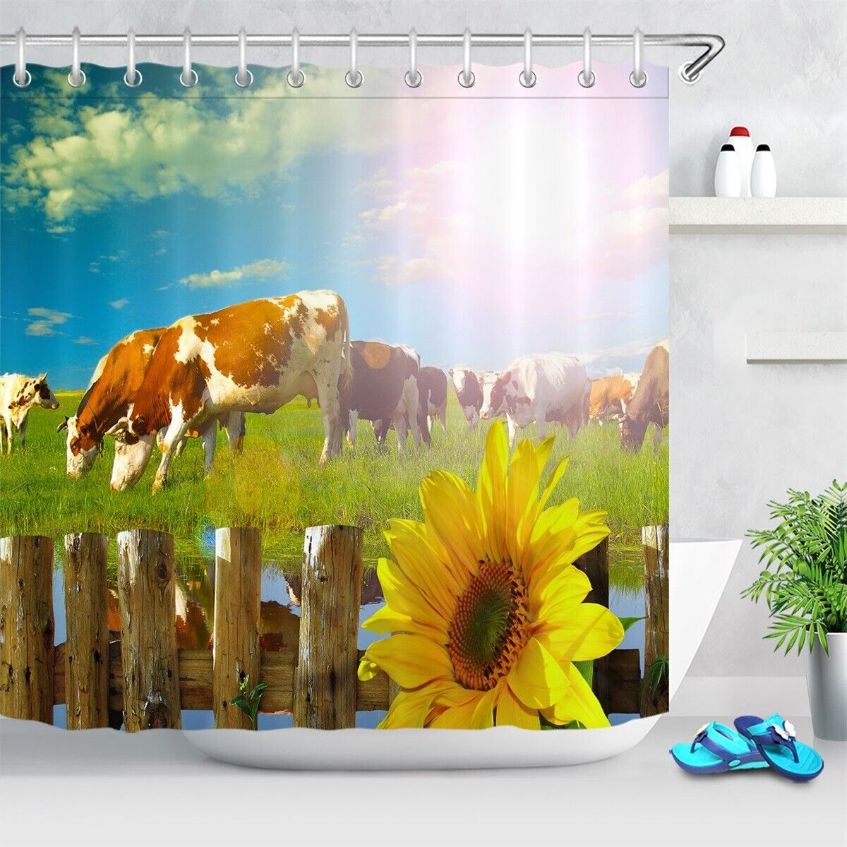 Sunshine Cows and Sunflowers Shower Curtain - Durable and Inviting Bathroom Decor with Vintage Style