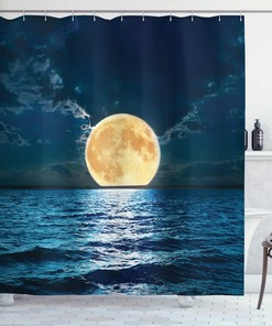 Super Moon Ocean Shower Curtain, Midnight Mystic Picture Print, Cloth Bathroom Decor