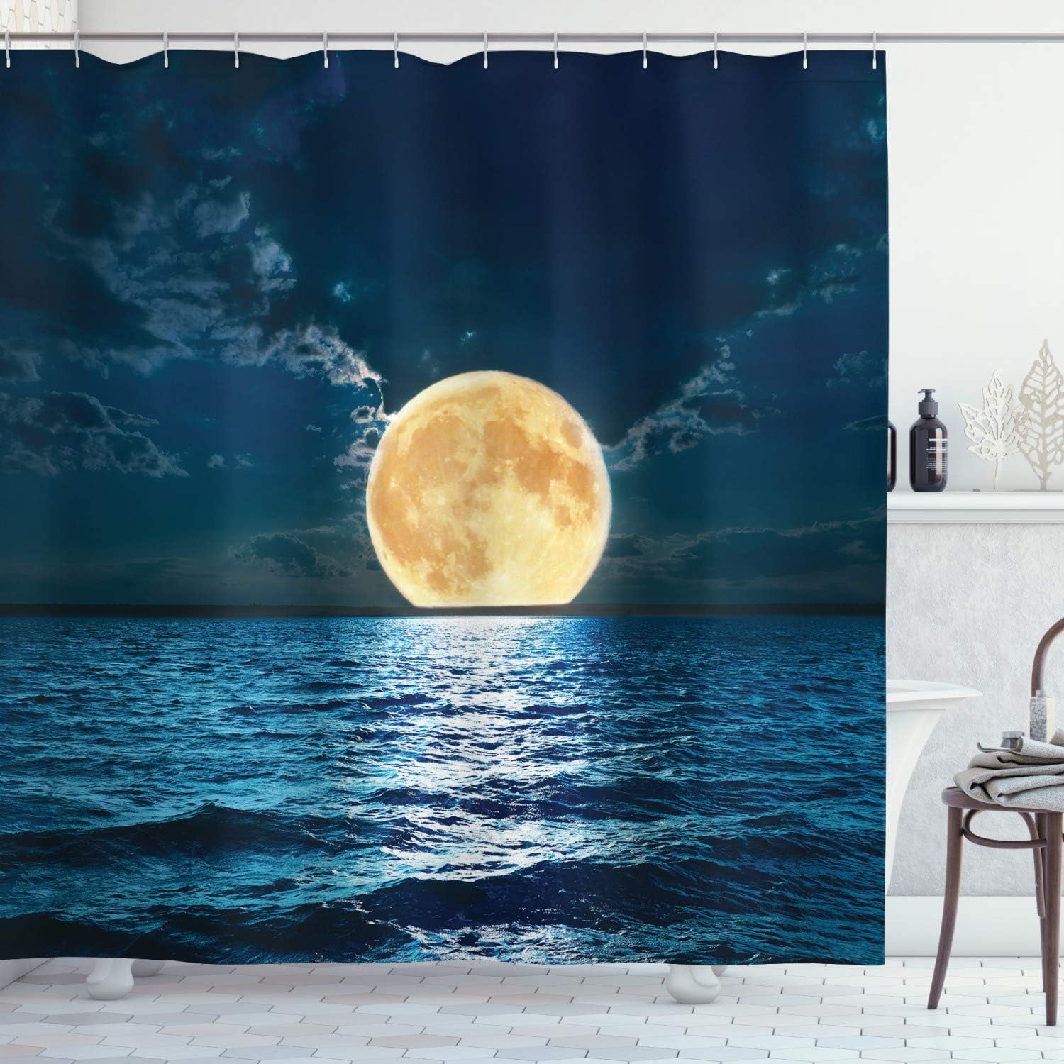 Super Moon Ocean Shower Curtain, Midnight Mystic Picture Print, Cloth Bathroom Decor