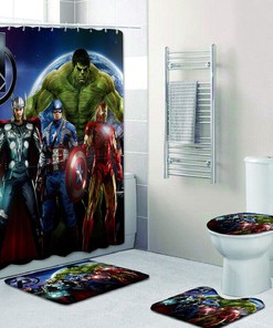 Superhero Shower Curtain 3D Mat featuring Spider-Man, Captain America, Hulk, and Thor for a Fun Design
