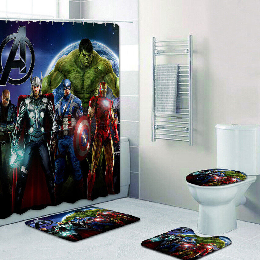 Superhero Shower Curtain 3D Mat featuring Spider-Man, Captain America, Hulk, and Thor for a Fun Design