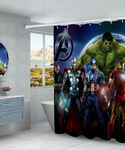 Superhero Shower Curtain 3D Mat featuring Spider-Man, Captain America, Hulk, and Thor for a Fun Design