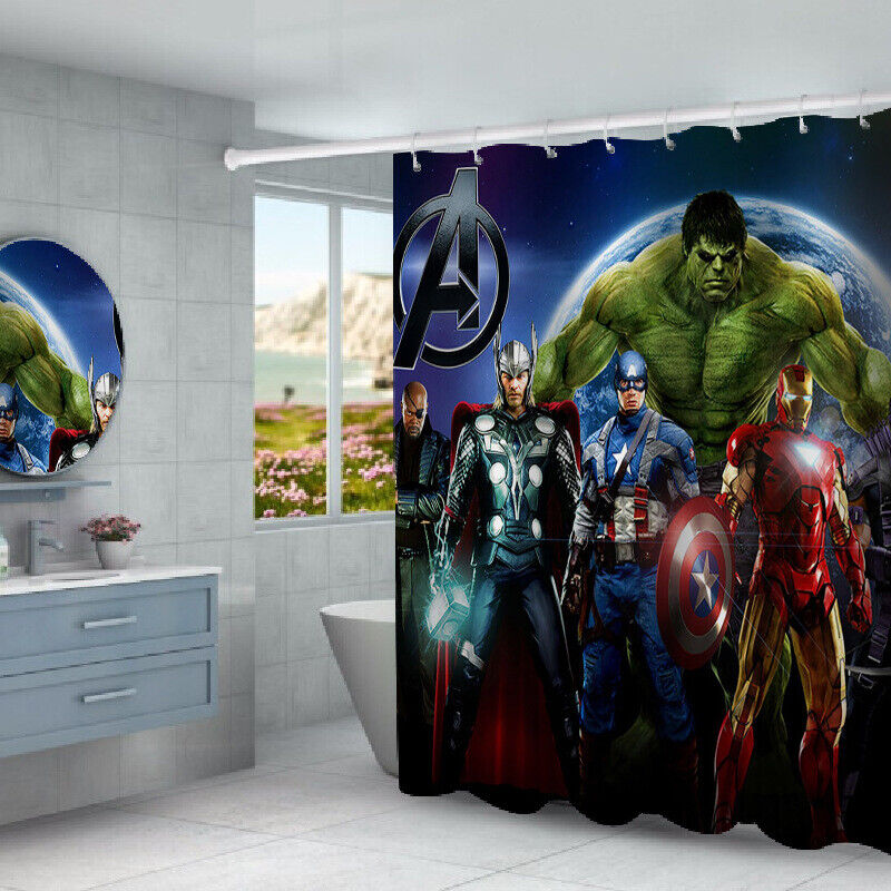 Superhero Shower Curtain 3D Mat featuring Spider-Man, Captain America, Hulk, and Thor for a Fun Design