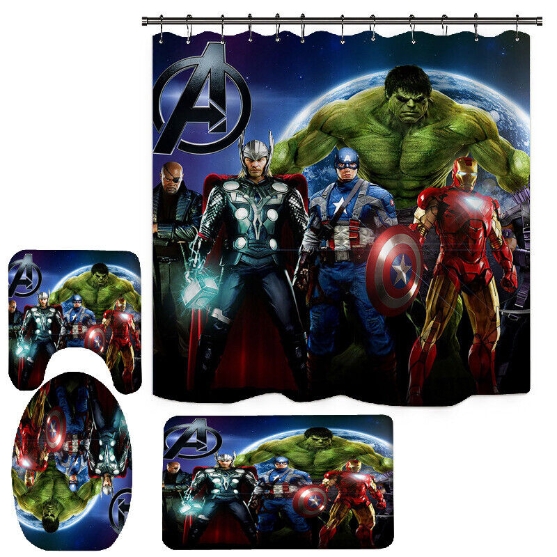 Superhero Shower Curtain 3D Mat featuring Spider-Man, Captain America, Hulk, and Thor for a Fun Design