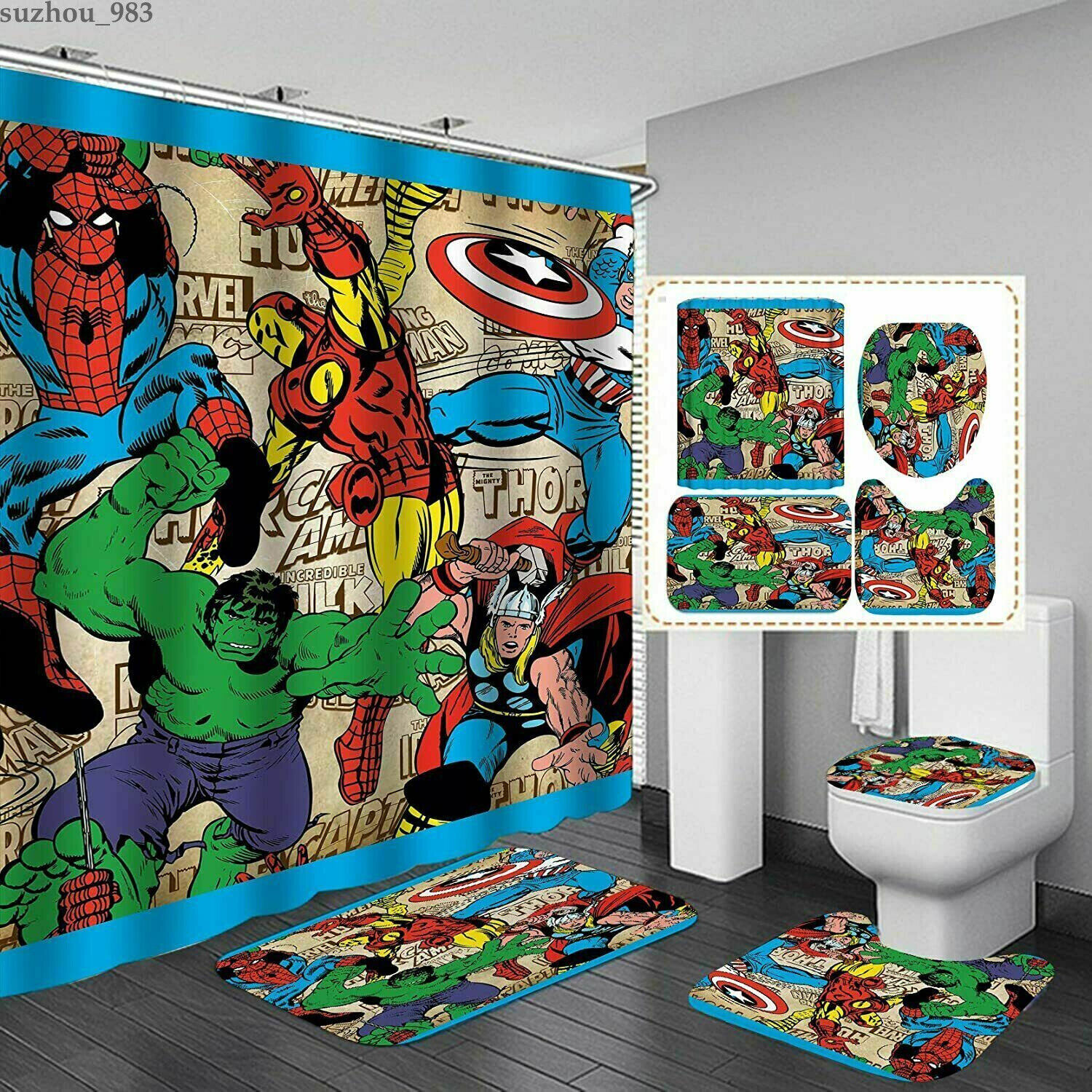 Superhero Spiderman and Hulk Bathroom Set with Shower Curtain for a Fun Touch