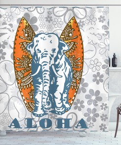 Surfboard And Elephant Print Shower Curtain For A Fun Bathroom