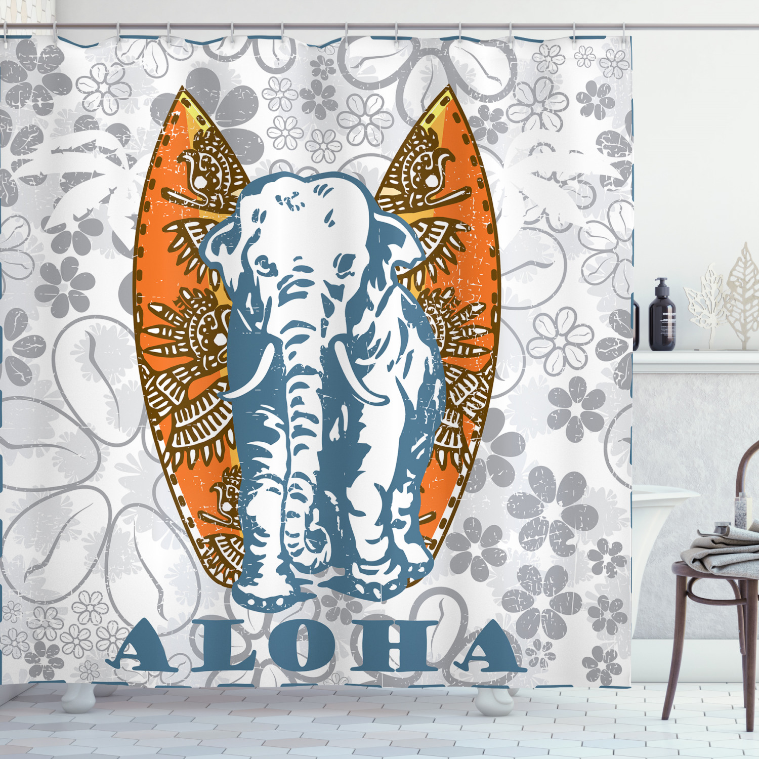 Surfboard And Elephant Print Shower Curtain For A Fun Bathroom
