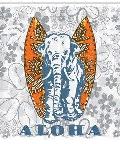 Surfboard And Elephant Print Shower Curtain For A Fun Bathroom
