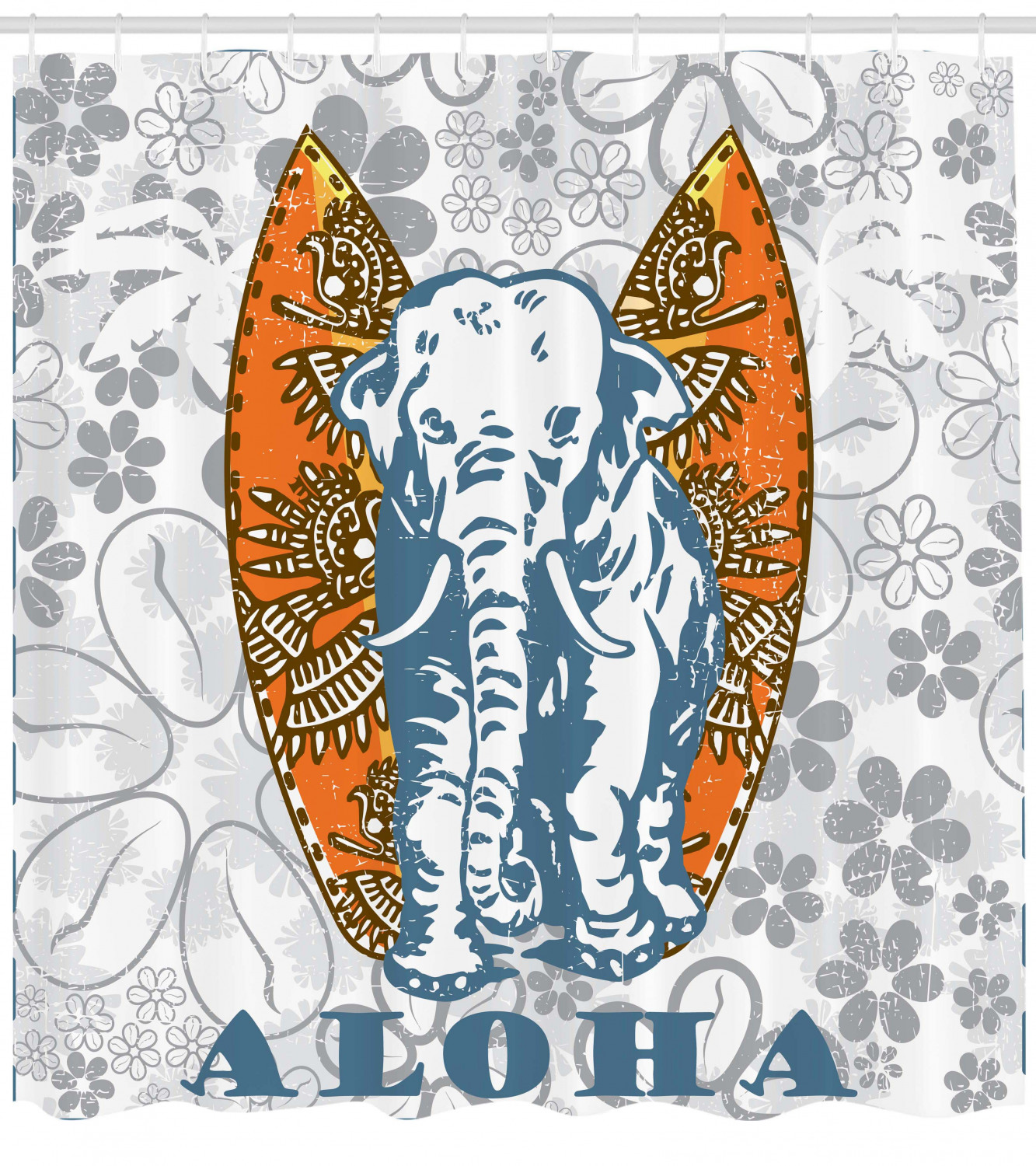Surfboard And Elephant Print Shower Curtain For A Fun Bathroom