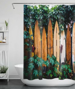 Surfboard and Tropical Plants Shower Curtain for Summer Brown Bathroom 
