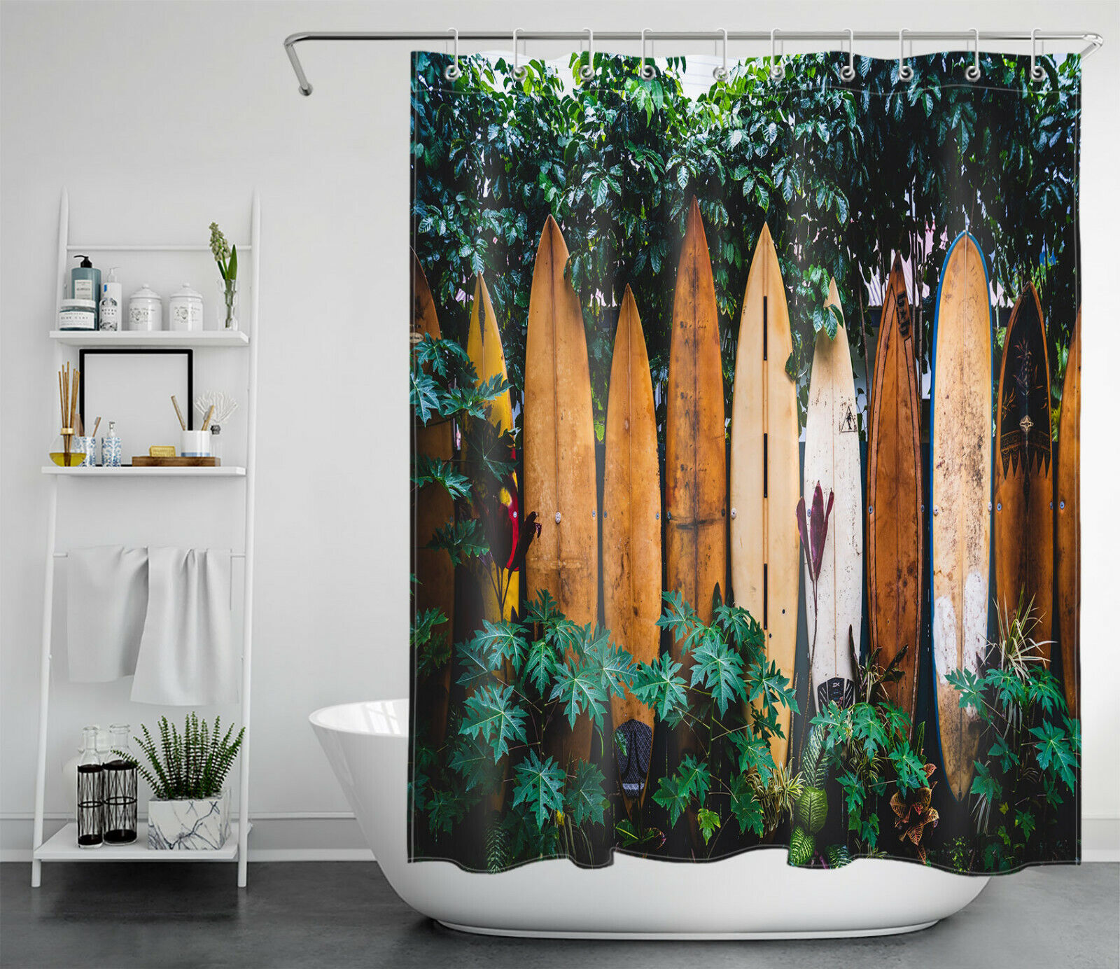 Surfboard and Tropical Plants Shower Curtain for Summer Brown Bathroom