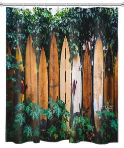 Surfboard and Tropical Plants Shower Curtain for Summer Brown Bathroom