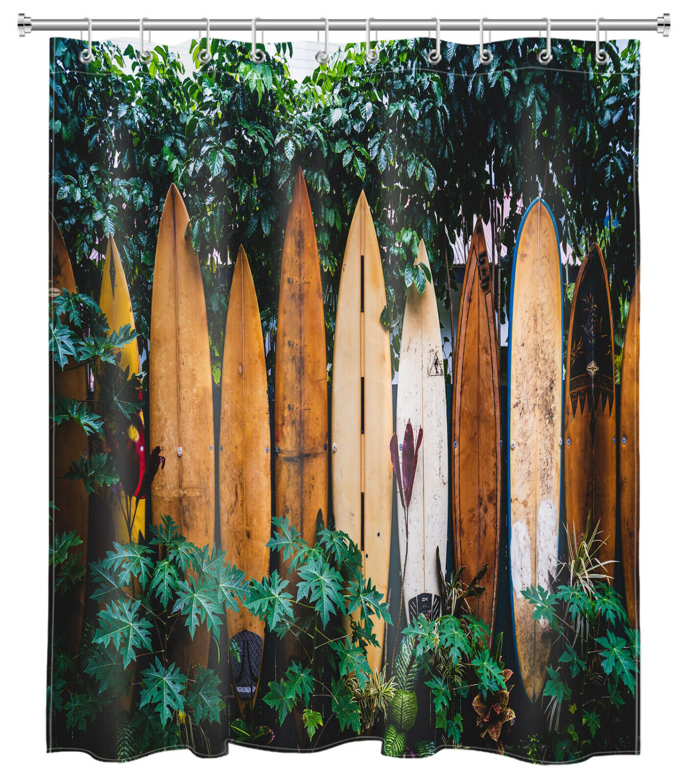 Surfboard and Tropical Plants Shower Curtain for Summer Brown Bathroom