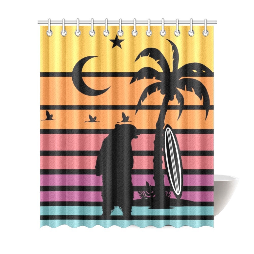 Surfer Bear at Sunset Shower Curtain - Embrace the California Vibe - Waterproof Bathroom Decor