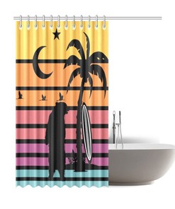 Surfer Bear at Sunset Shower Curtain - Embrace the California Vibe - Waterproof Bathroom Decor
