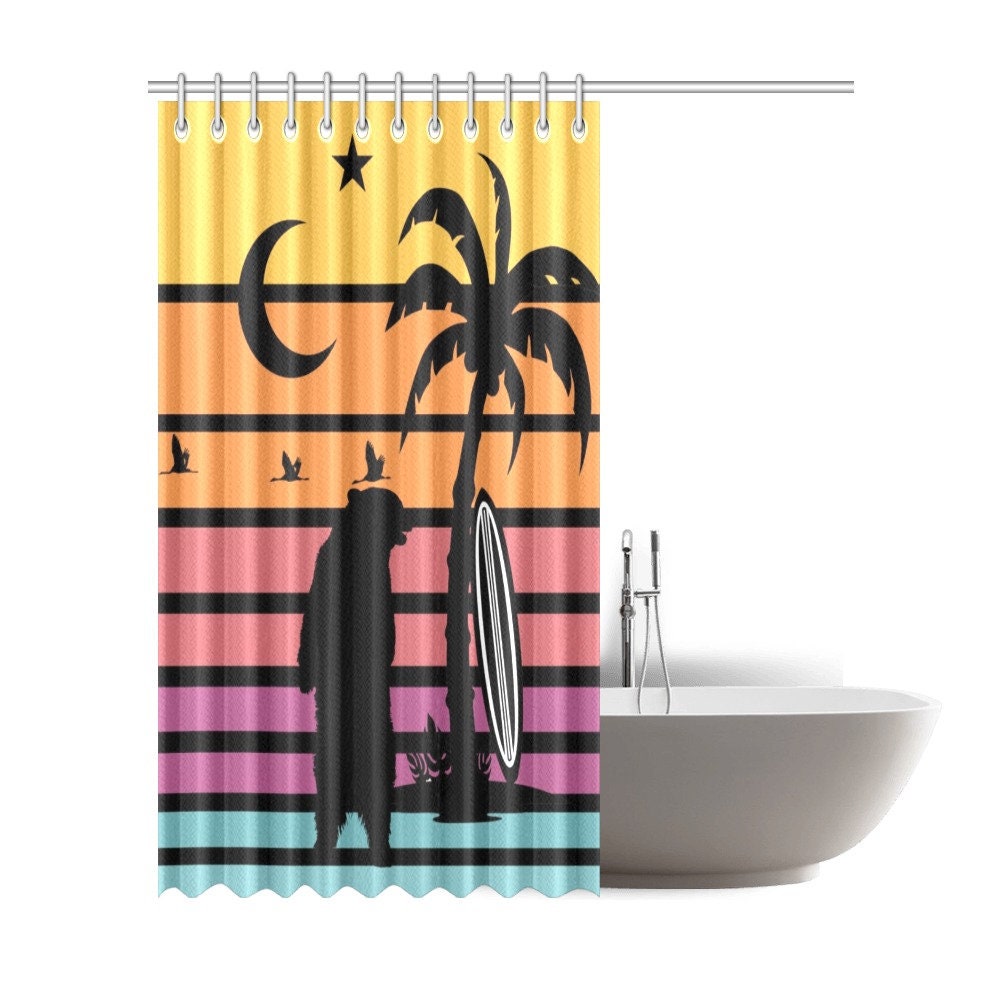 Surfer Bear at Sunset Shower Curtain - Embrace the California Vibe - Waterproof Bathroom Decor
