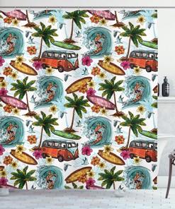 Surfer On Wavy Sea Print Hawaiian Shower Curtain For Coastal Bath