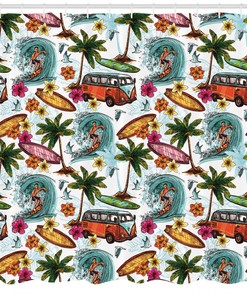 Surfer On Wavy Sea Print Hawaiian Shower Curtain For Coastal Bath