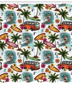 Surfer On Wavy Sea Print Hawaiian Shower Curtain For Coastal Bath