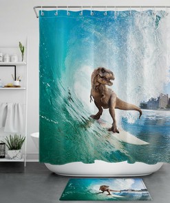 Surfing Dinosaur Frenzy Shower Curtain for Playful Bathroom Decor
