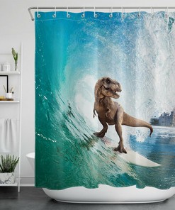Surfing Dinosaur Frenzy Shower Curtain for Playful Bathroom Decor