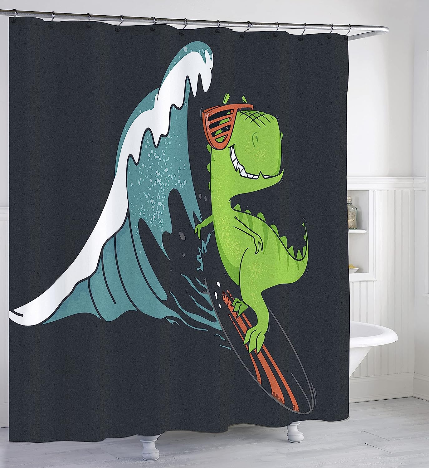 Surfing Dinosaur Kids Shower Curtain - Waterproof, Machine Washable with Arctic North Print, Perfect for Kids' Bathrooms