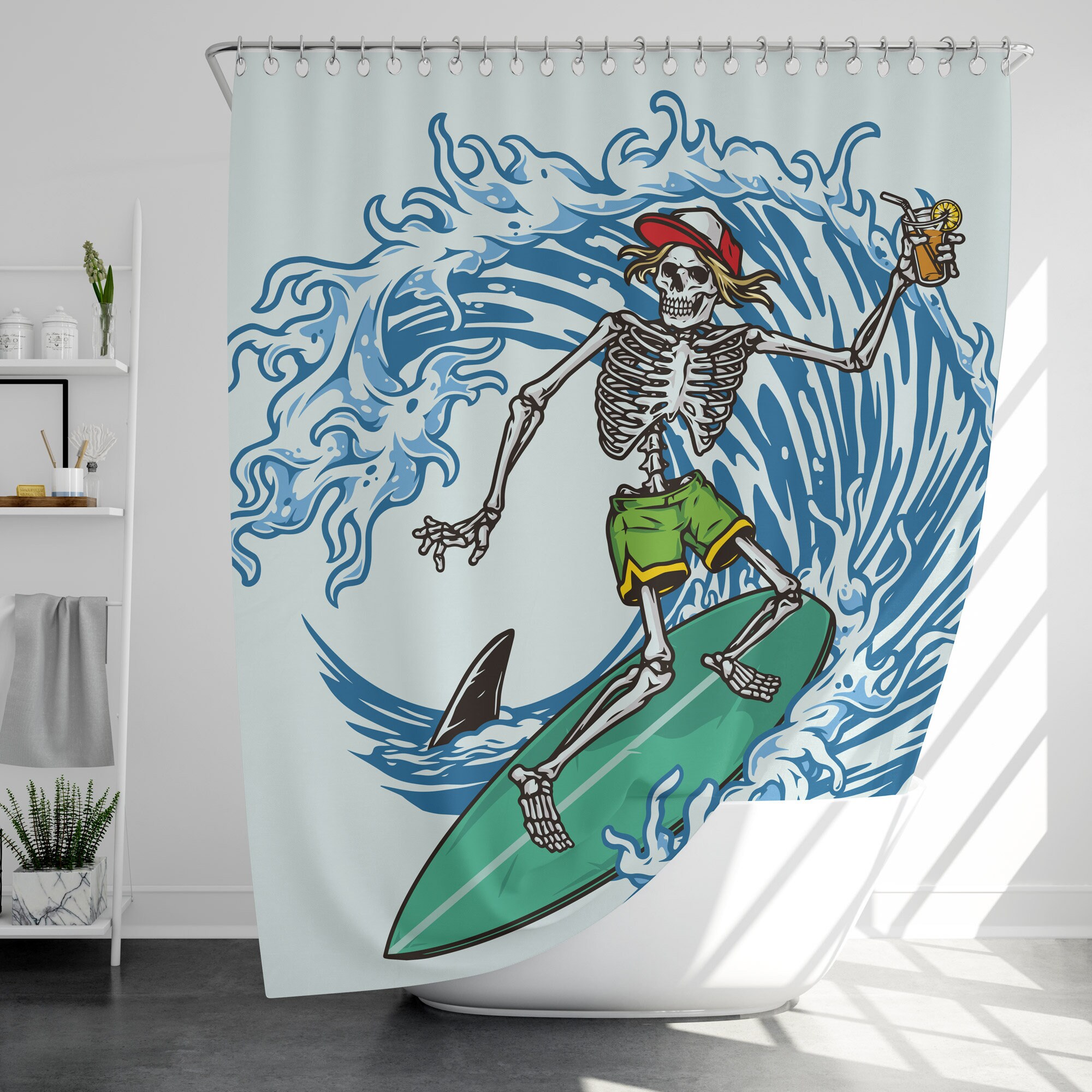 Surfing Skull Shower Curtain - Waterproof and Durable Fabric with Unique and Quirky Design Housewarming Gift