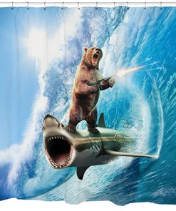 Surreal Bathroom Decor Beach Theme Art: Funny Shark And Bear Nautical Shower Curtain