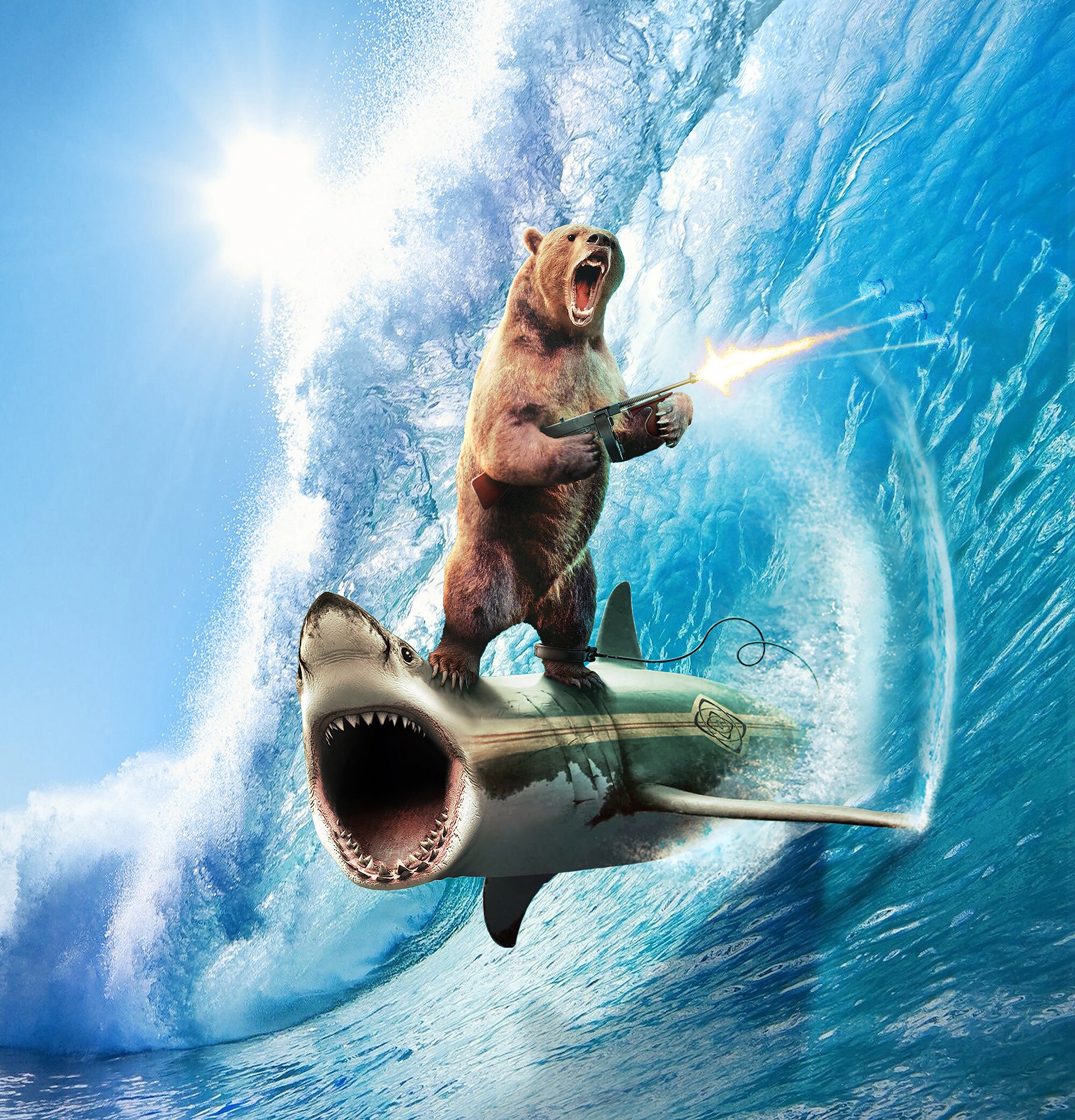 Surreal Bathroom Decor Beach Theme Art: Funny Shark And Bear Nautical Shower Curtain