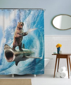 Surreal Bathroom Decor Beach Theme Art: Funny Shark And Bear Nautical Shower Curtain