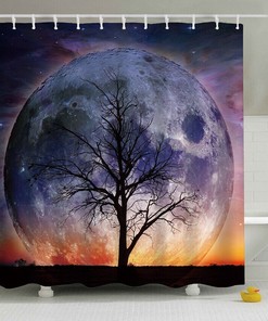 Surreal Planet Bare Tree Moon Sky Nature Fabric Shower Curtain, Ideal For A Zen-Themed Bathroom Decor