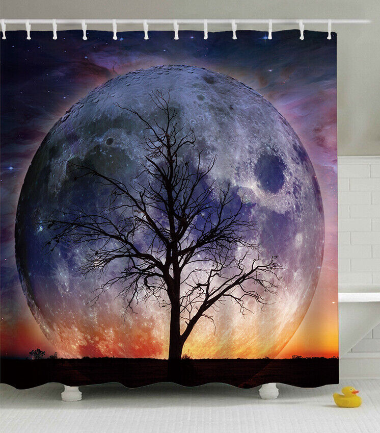 Surreal Planet Bare Tree Moon Sky Nature Fabric Shower Curtain, Ideal For A Zen-Themed Bathroom Decor