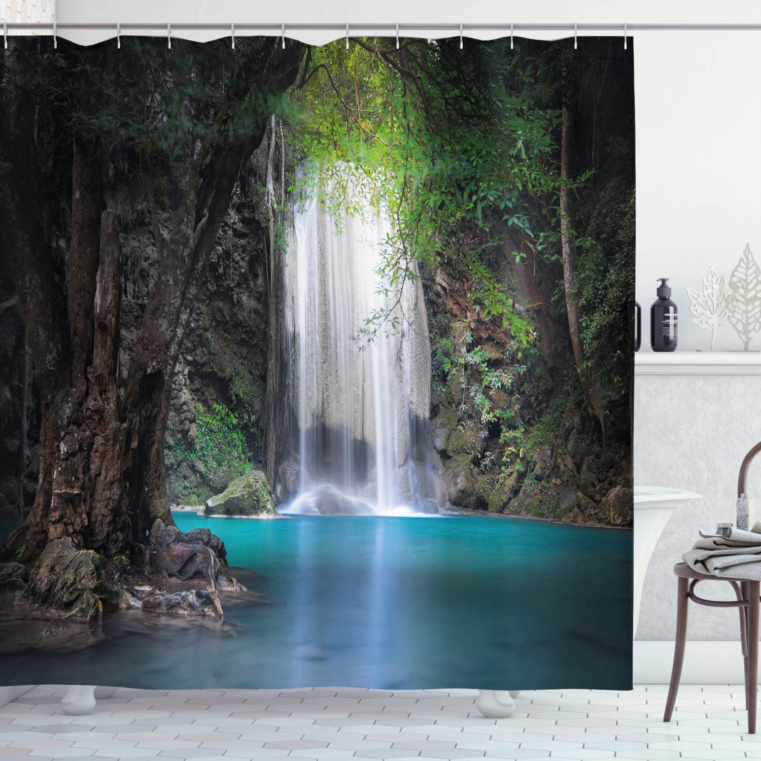 Surreal Scene Deep Down In Rainforest With Waterfall Idyllic Nature Shower Curtain In Fern Green