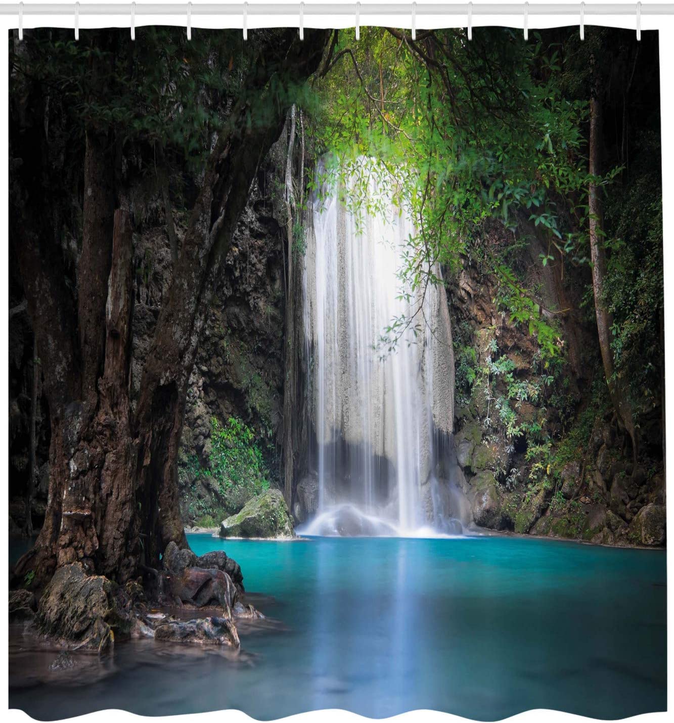 Surreal Scene Deep Down In Rainforest With Waterfall Idyllic Nature Shower Curtain In Fern Green - Image 2