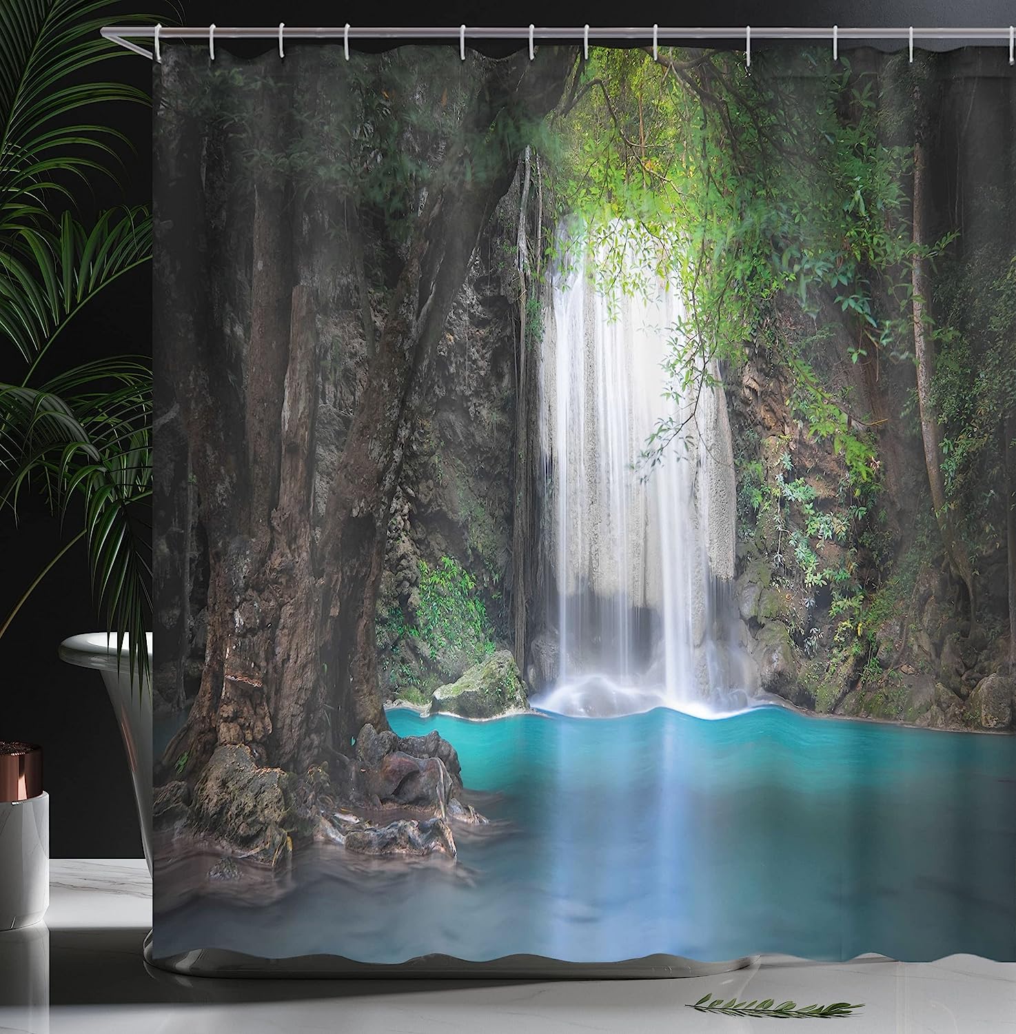 Surreal Scene Deep Down In Rainforest With Waterfall Idyllic Nature Shower Curtain In Fern Green - Image 3