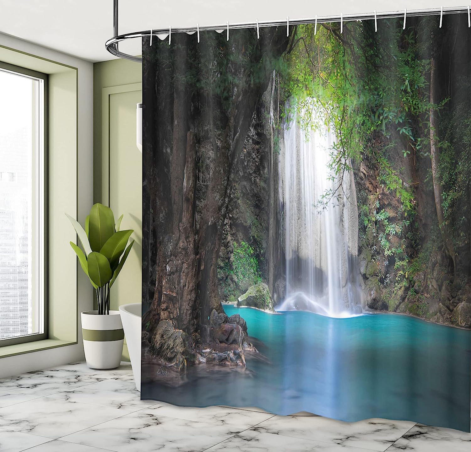 Surreal Scene Deep Down In Rainforest With Waterfall Idyllic Nature Shower Curtain In Fern Green - Image 4