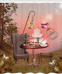 Surrealistic Cartoon Art Shower Curtain, Cloth Fabric Bathroom Decor with Alice in Wonderland Butterfly and Forest 